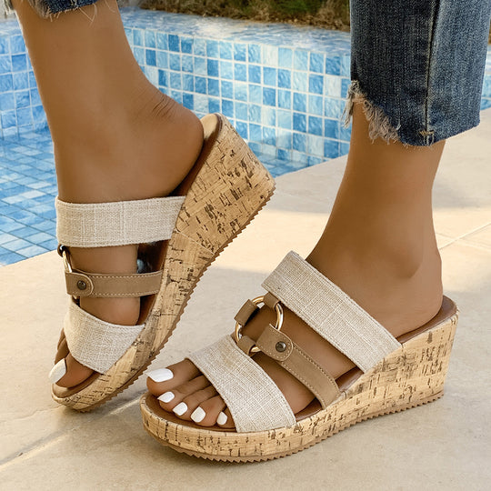 Damen Wedge-Sandalen mit dekorativem Riemen und Kork-Optik EB