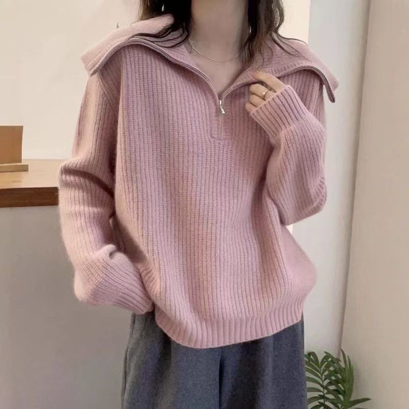 Damen Leichter Strickpullover mit hohem Kragen und Reißverschluss EB