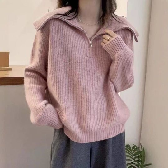 Damen Leichter Strickpullover mit hohem Kragen und Reißverschluss EB