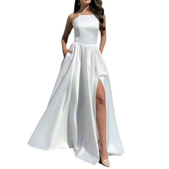 Damen Abendkleid mit raffiniertem Beinschlitz und schmalen Trägern EB