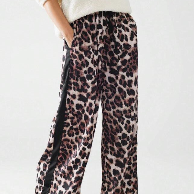 Damen weite Leinenhose mit modischem Leopardenmuster und kontrastierendem Streifen EB