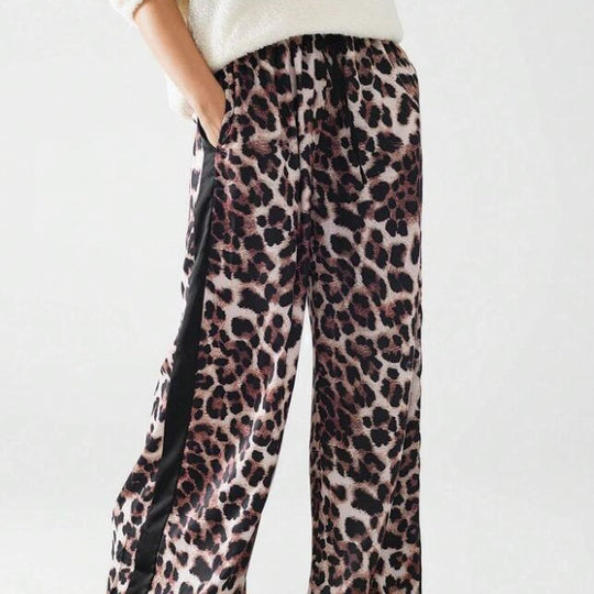 Damen weite Leinenhose mit modischem Leopardenmuster und kontrastierendem Streifen EB