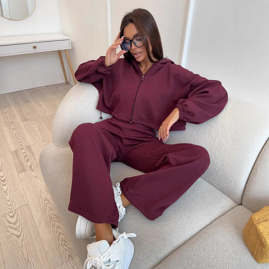Damen lässiges Lounge-Set mit Hoodie und weiten Hosen EB