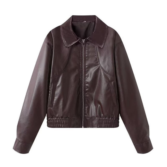 Damen Kunstleder Bikerjacke mit elastischem Bund und schlichten Taschen EB