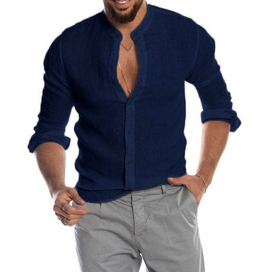 Herren nan Leinenhemd mit Stehkragen, durchgehender Knopfleiste und legerer Slim-Fit-Passform EB