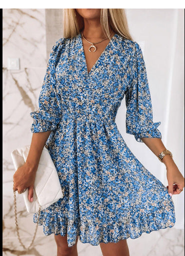Damen Fließendes Maxikleid mit V-Ausschnitt und Rüschensaum EB