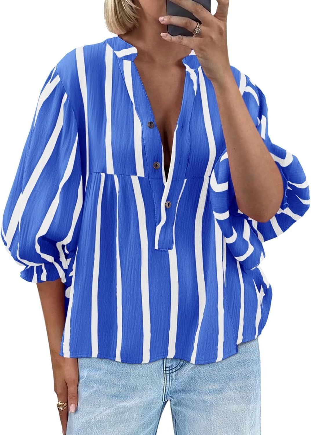 Damen oversize Bluse mit Streifenmuster und Knopfleiste EB