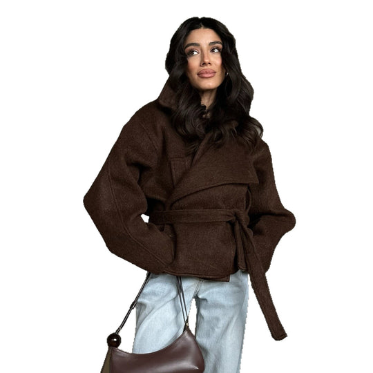 Damen Oversized Wolljacke mit Bindegürtel und lässigem Schnitt EB