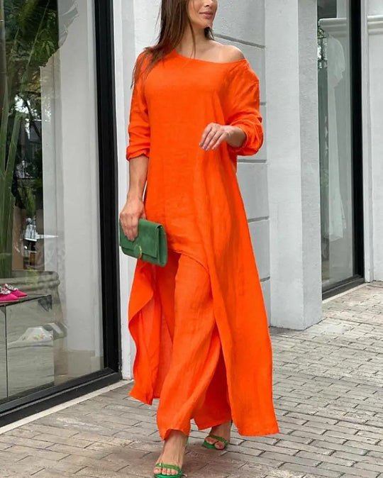 Damen nan weit geschnittenes Leinenzweiteiler Set mit asymmetrischer Tunika und lockeren Marlene-Hose EB