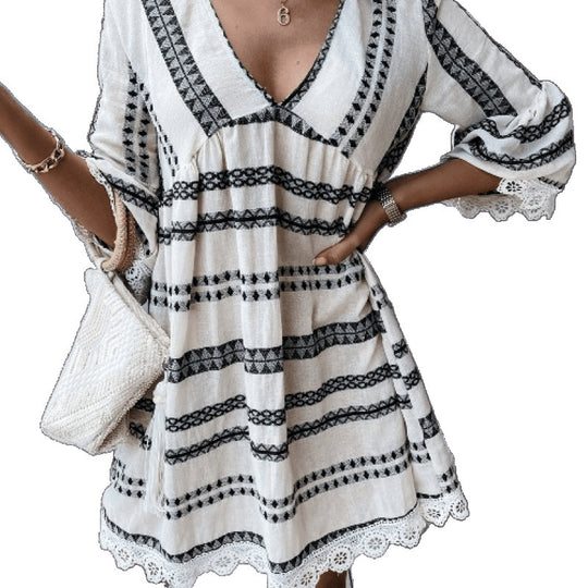 Damen Bohemian-Stil Schlagärmel Mini Kleid EB