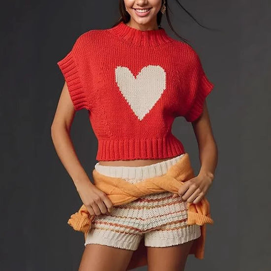 Damen lässiger Kurzarm Pullover mit Herzmotiv EB