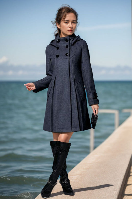 Damen eleganter Wollmantel mit modernem Kragen und praktischen Taschen EB
