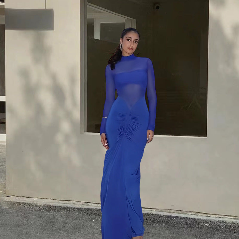 Damen Elegantes Maxikleid mit transparenten Ärmeln und raffinierter Drapierung EB