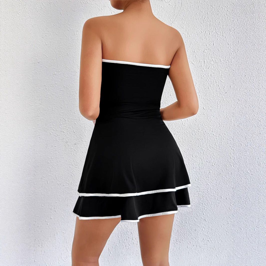 Damen kurzes trägerloses Kleid mit verspieltem Saum EB