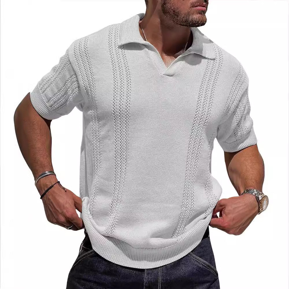 Herren Kurzarm Strickpullover mit strukturierter Oberfläche und Polokragen EB