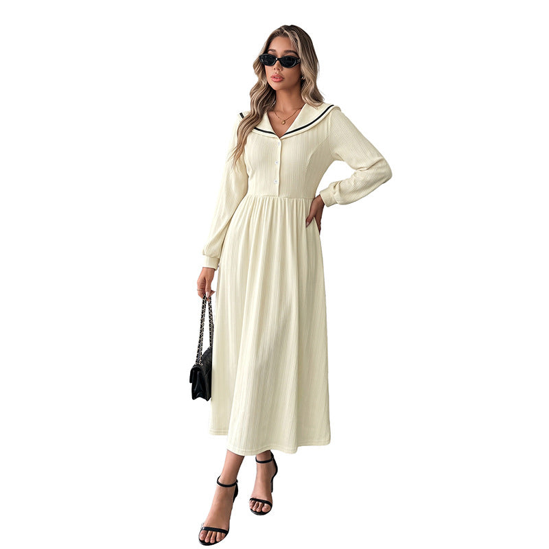 Damen Midikleid mit Matrosenkragen, geraffter Taille und Knopfleiste EB