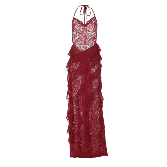 Damen Elegantes Abendkleid mit feiner Spitze und Rüschendetails EB