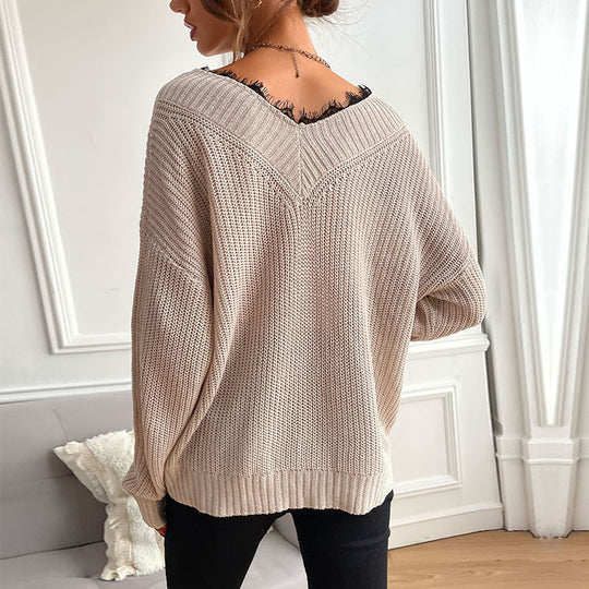 Damen lässiges Strickoberteil mit modischem V-Ausschnitt und detailreicher Textur EB