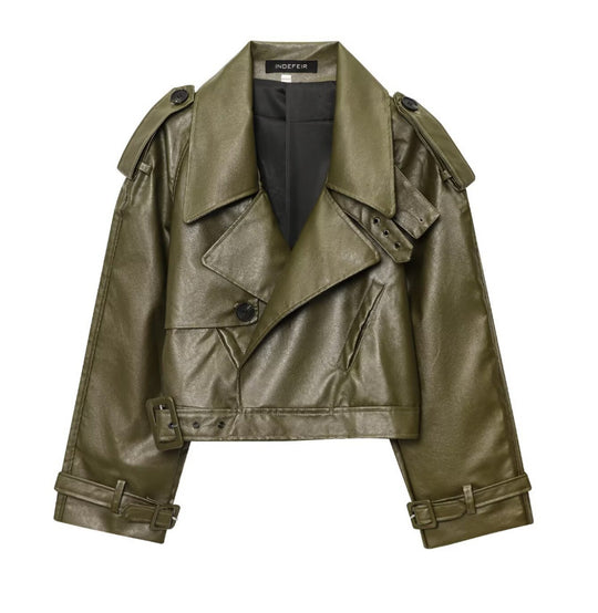 Damen Kunstleder Bikerjacke im modischem Cropped-Design mit taillierbarem Gürtel und dekorativen Knöpfen EB