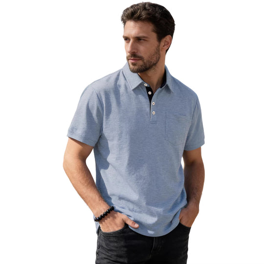 Herren nan Kurzarm-Polokragen-Shirt aus texturiertem Jersey mit Brusttasche und kontrastierter Knopfleiste EB