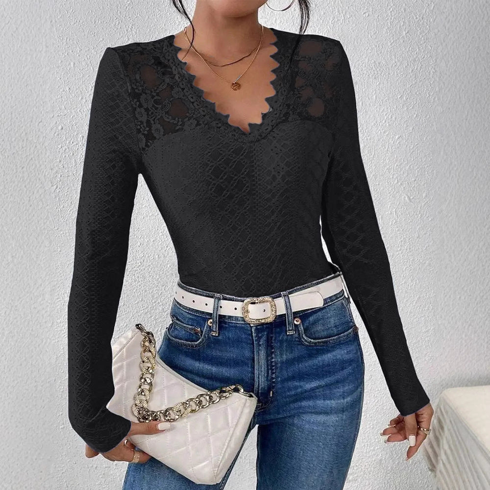 Damen nan figurbetontes Spitzen-Langarmshirt mit gezacktem V-Ausschnitt EB