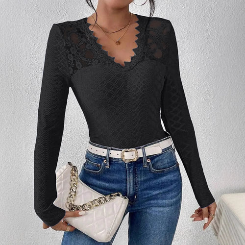 Damen nan figurbetontes Spitzen-Langarmshirt mit gezacktem V-Ausschnitt EB