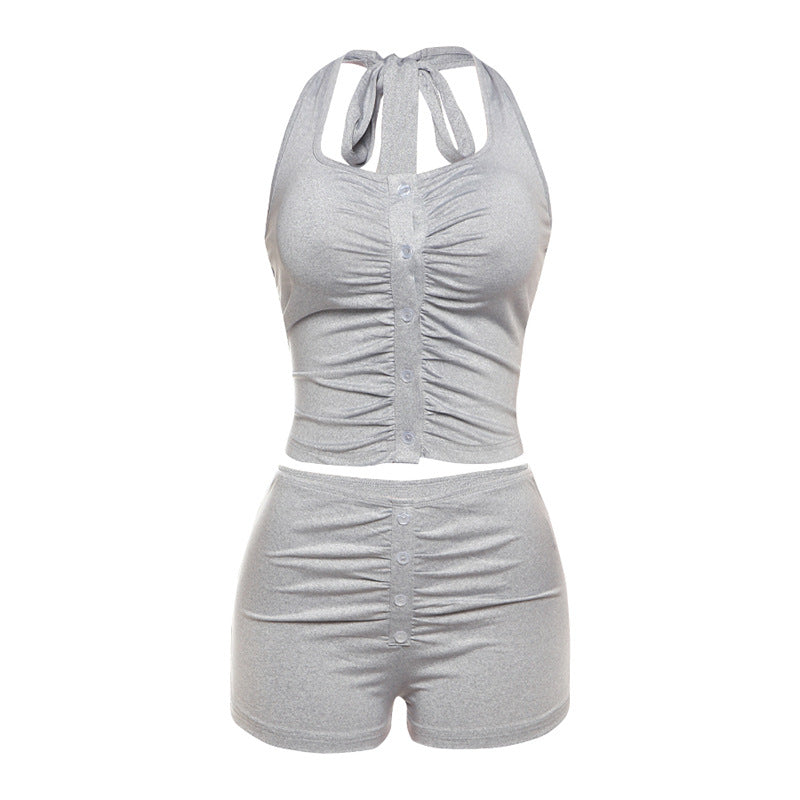Damen Sportliches Zweiteiler-Set mit Knopfleiste und gerafftem Design EB