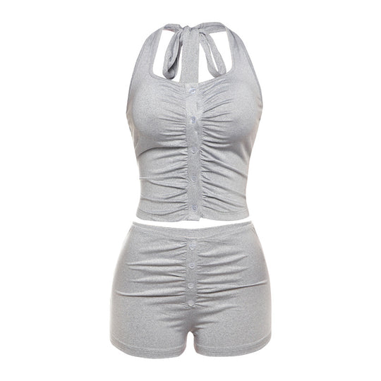 Damen Sportliches Zweiteiler-Set mit Knopfleiste und gerafftem Design EB