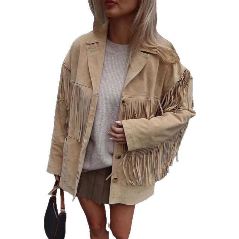 Damen Wildlederjacke mit Fransen und oversized Schnitt EB