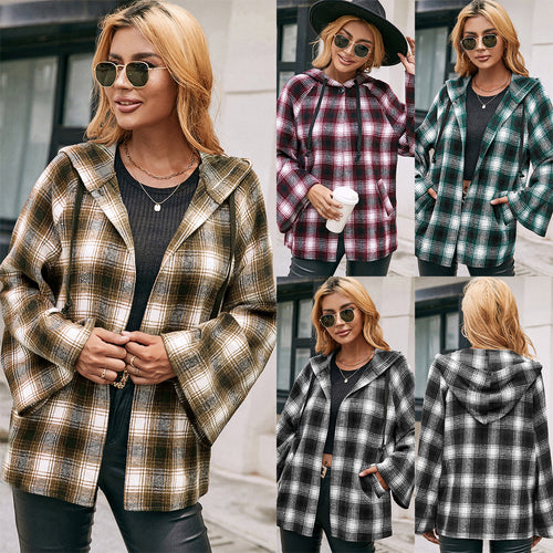 Damen Karo Overshirtjacke im lässigen Stil mit Kapuze und weiten Ärmeln EB