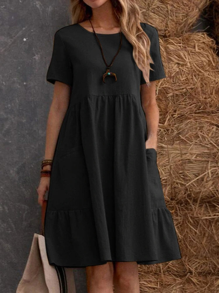 Damen Lockeres Baumwollkleid mit Taschen und Volant EB