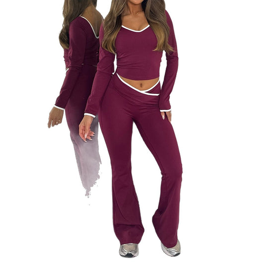 Damen nan figurbetontes Longsleeve-Croptop und ausgestelltes High Waist Schlaghosenset EB