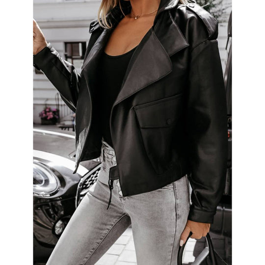 Damen Bikerjacke aus Kunstleder mit eleganter Schnalle und Taschen EB