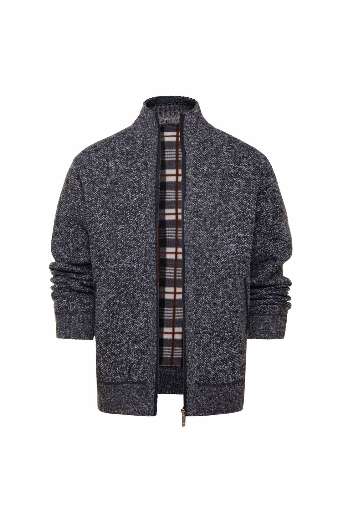 Herren gebürstete Strickjacke mit kariertem Thermofutter und Stehkragen EB