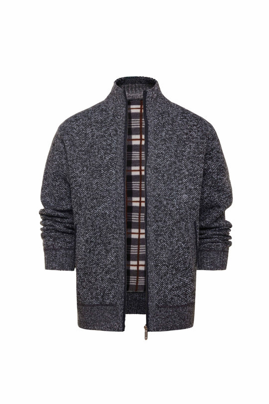 Herren gebürstete Strickjacke mit kariertem Thermofutter und Stehkragen EB