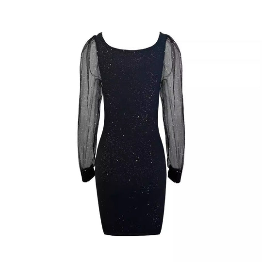 Damen figurbetontes Abendkleid mit transparenten Ärmel und funkelnden Details EB