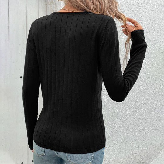 Damen V-Ausschnitt Pullover mit Rippstruktur und langen Ärmeln EB
