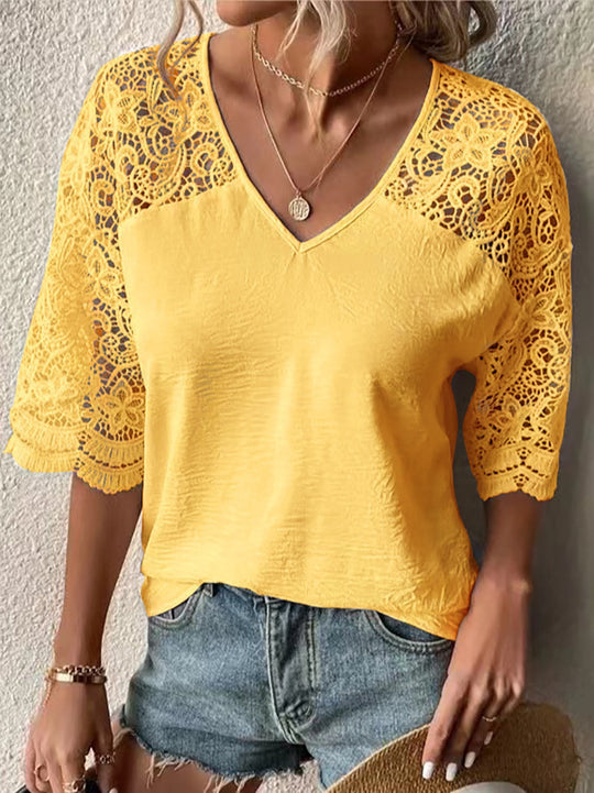 Damen nan V-Ausschnitt-Spitzenbluse mit dreiviertel Häkelärmeln und Knautsch-Optik EB