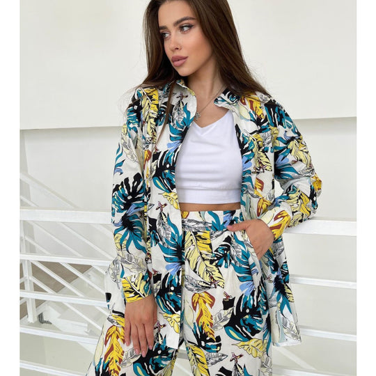 Damen modisches Ensemble mit floralem Muster und weitem Schnitt EB