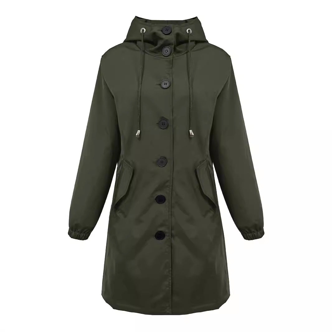 Damen nan leichter Regenparka mit Kapuze, überlanger Knopfleiste, Tunnelzug und aufgesetzten Taschen EB