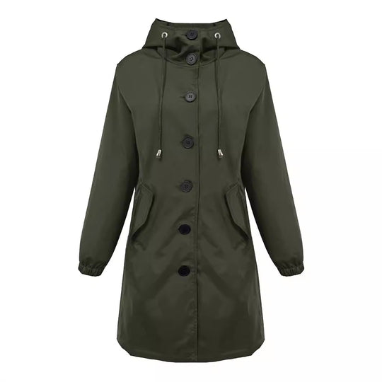 Damen nan leichter Regenparka mit Kapuze, überlanger Knopfleiste, Tunnelzug und aufgesetzten Taschen EB