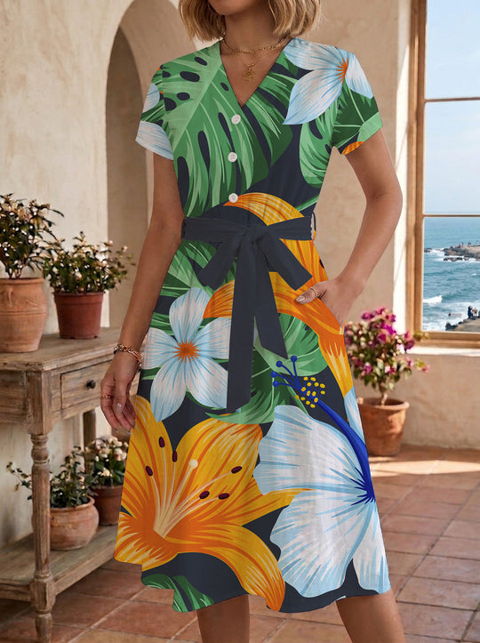 Damen Midi-Kleid mit floralem Design und bequemer Passform EB