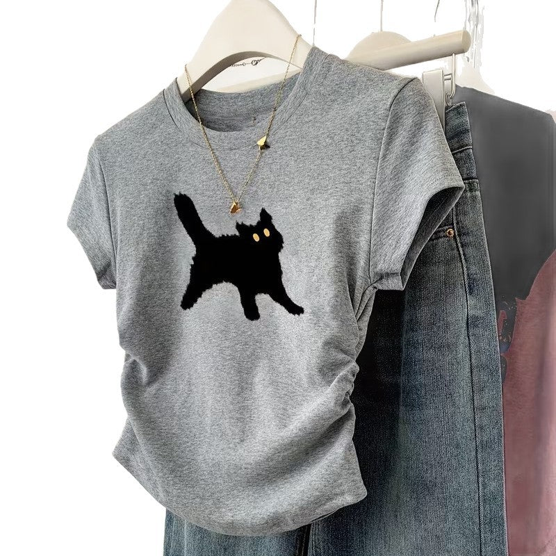 Damen T-Shirt mit kreativem Katzenmotiv und lässigem Schnitt EB