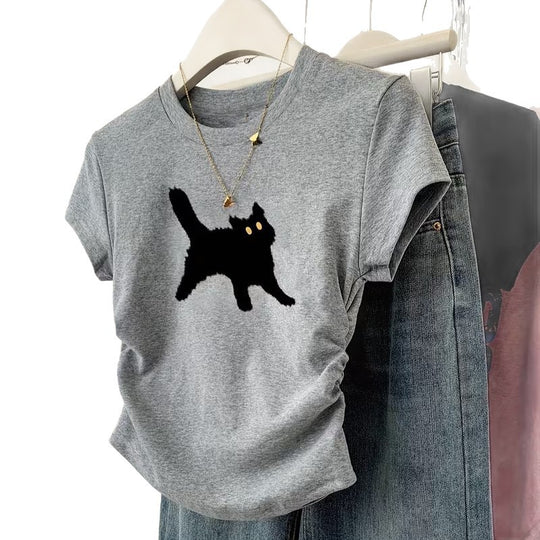 Damen T-Shirt mit kreativem Katzenmotiv und lässigem Schnitt EB