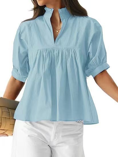 Damen elegante kurzärmlige Bluse mit Rüschendetails und lässigem Schnitt EB