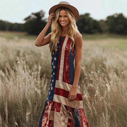 Damen Ethno-Inspirierte Maxikleid mit Flaggenmuster und Rüschensaum EB