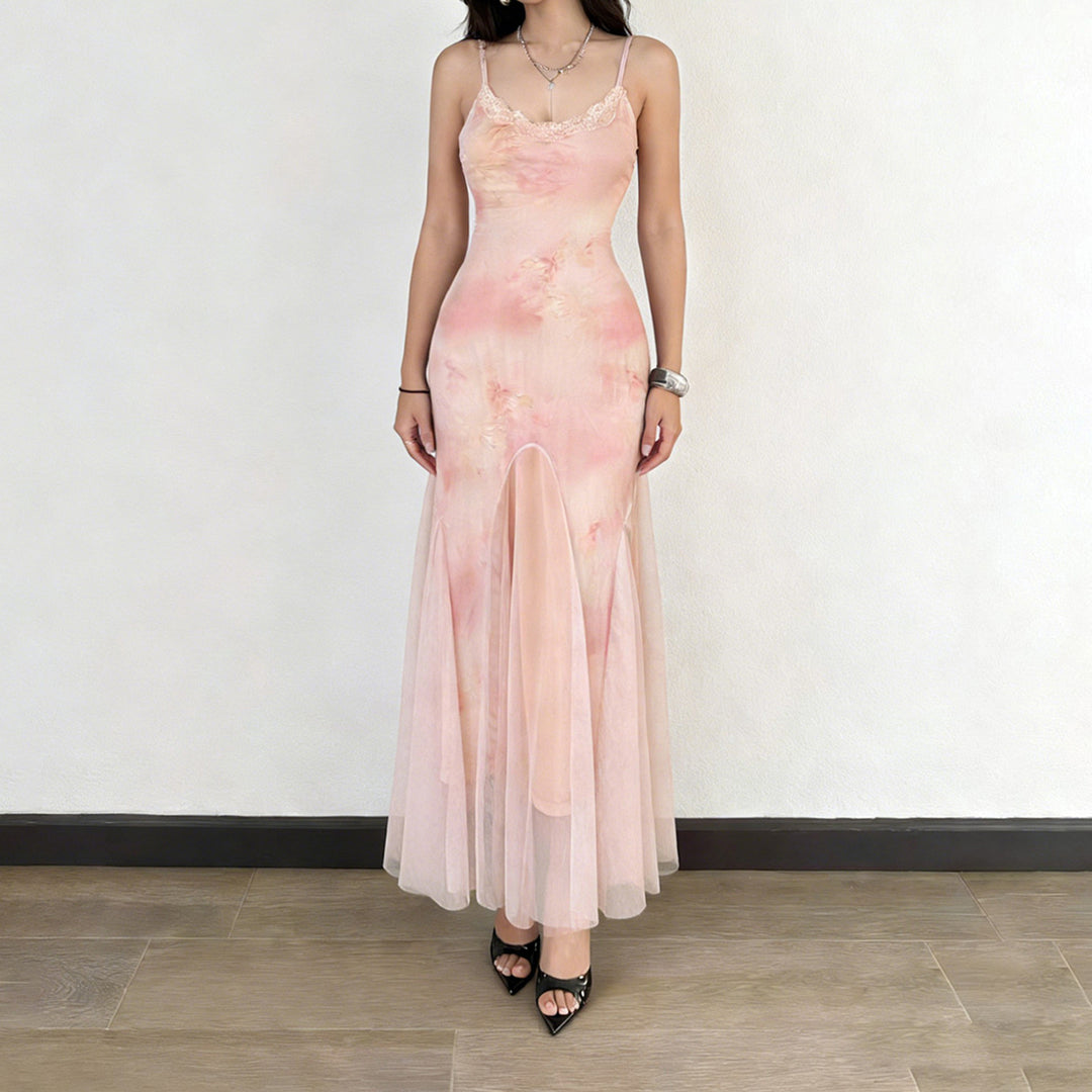 Damen elegantes Maxikleid aus transparenter Spitze und floralem Design EB