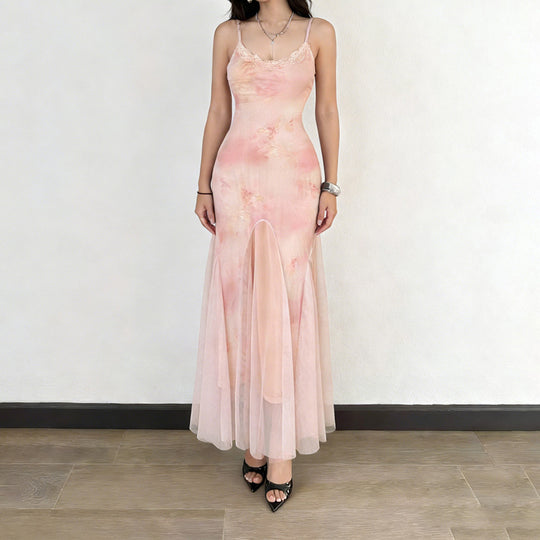 Damen elegantes Maxikleid aus transparenter Spitze und floralem Design EB