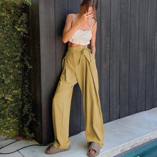 Damen Weit geschnittene High-Waist-Hose mit Bindeband und schickem Faltenwurf EB