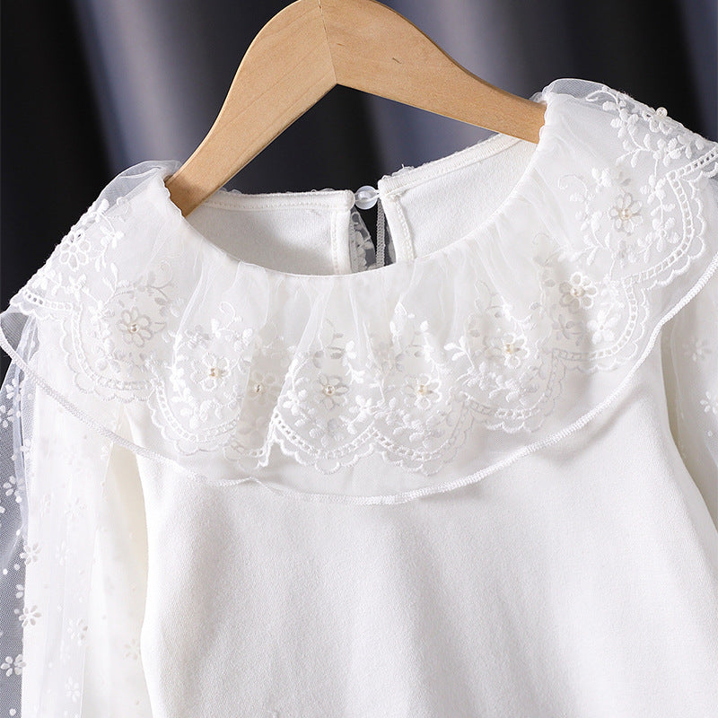 Mädchen Bluse mit floralem Tüllkragen und eleganten Puffärmeln EB